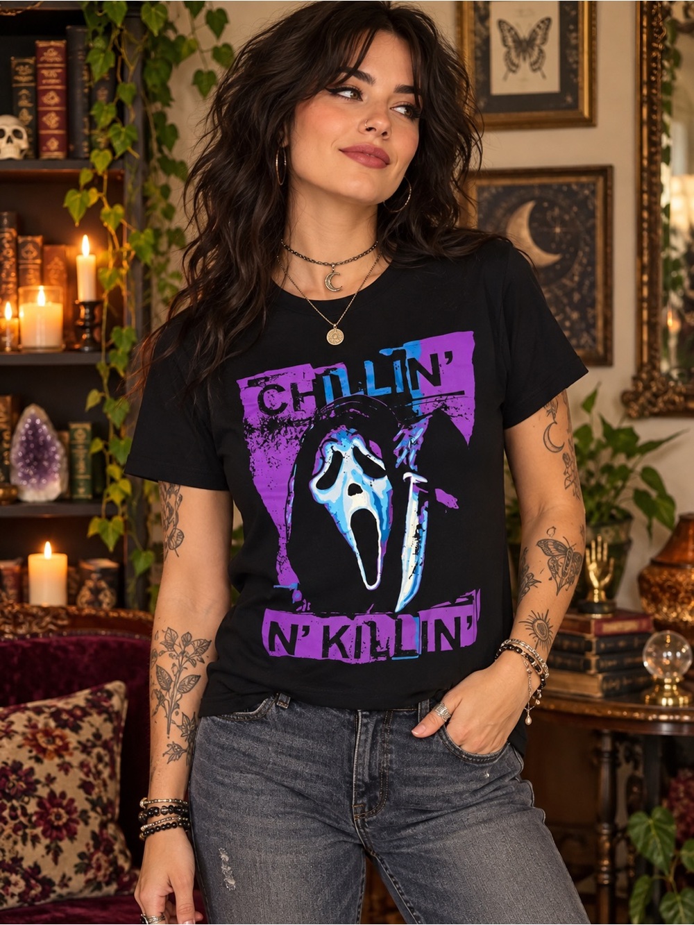 Ghost Face Scream Graphic Tee Black Purple Blue Horror Goth Y2K Whimsigoth M